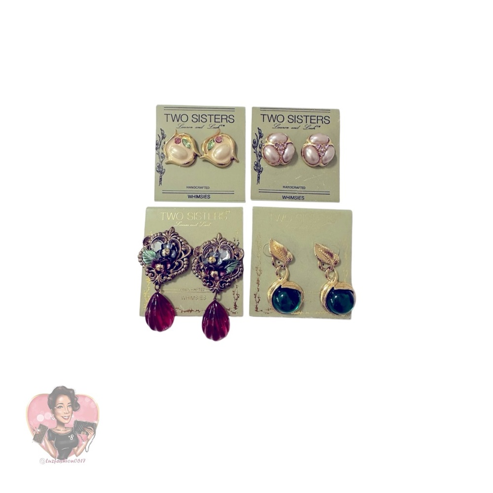 VINTAGE Two Sisters Handcrafted Earrings Set - Gold, Green, Red